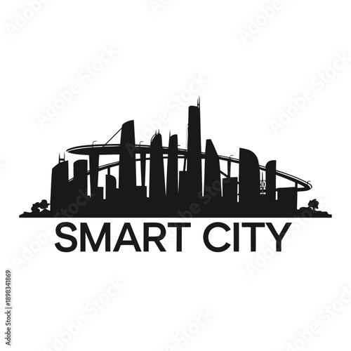 Modern depiction of a smart city skyline with the word smart city underneath