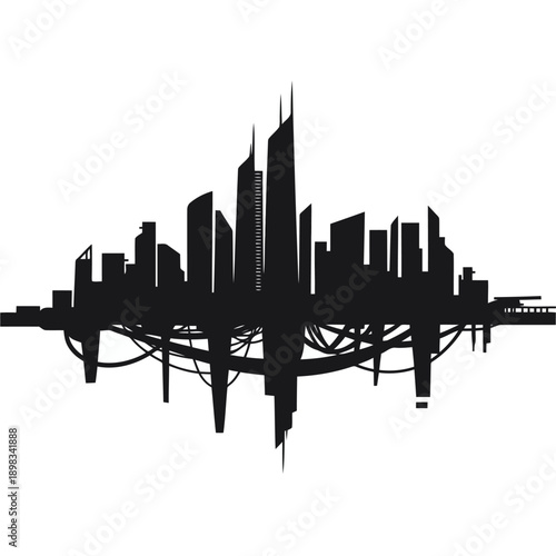 Silhouette of modern city skyline against a stark background