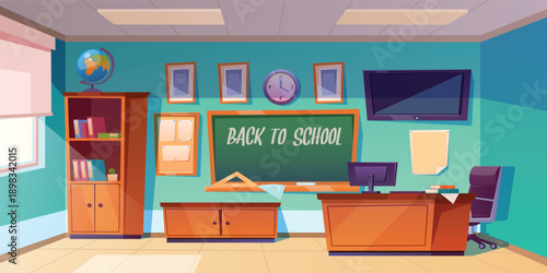 Vector classroom interior. Educational concept, mathematics room, blackboard, desks, school supplies. Training room illustration for advertising, web, internet promotion and others
