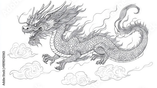 Majestic Chinese celestial dragon illustrated in refined line art technique, sinuous form depicted mid-flight amongst stylized clouds, elaborate head detailing featuring ornate horns, flowing