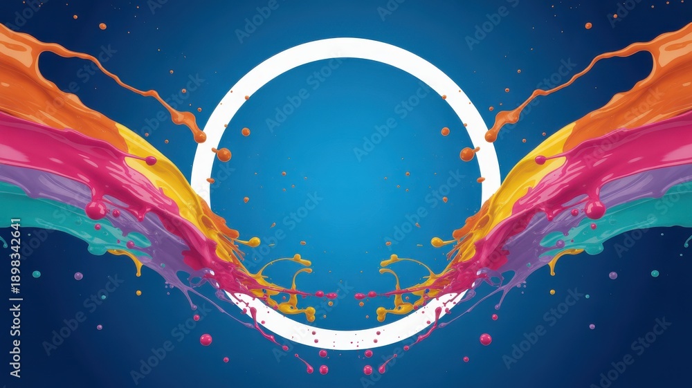 Naklejka premium Dynamic multi-colored liquid paint splashes with white circular frame on blue background
