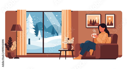 Woman Relaxing on Sofa with Mug.