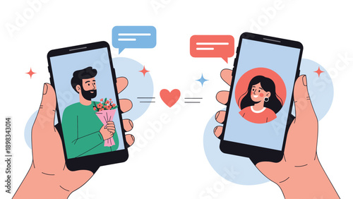 Hands holding two smartphones showing a man and a woman in a romantic video call or dating app interface with a heart symbol.