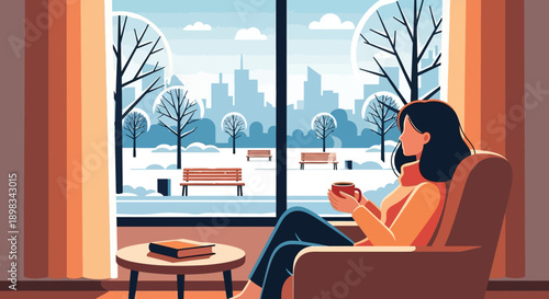 Woman Relaxing with Coffee by Window.