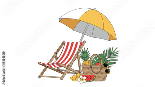 Relaxing beach vacation setup with a striped deck chair, a yellow sun umbrella, and a basket full of tropical fruits and accessories.