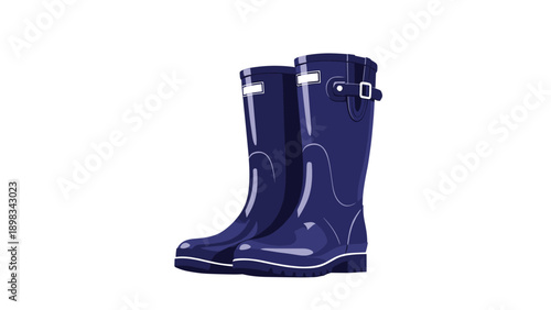 Stylish pair of navy blue rubber rain boots with buckle details standing against a clean white background for seasonal fashion.