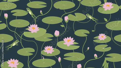 Serene pond scene illustration featuring green frogs jumping among water lily pads and blooming pink lotus flowers on dark water.