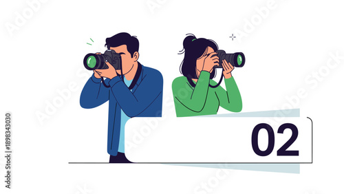 Professional male and female photographers with dslr cameras captured in action against a clean white background with a number plate.