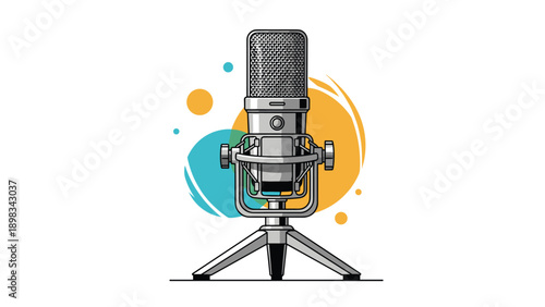 Professional studio microphone on a stand positioned against a vibrant abstract background with colorful circles and shapes.