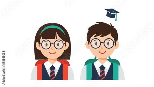 Portrait of a schoolboy and a schoolgirl in their school uniforms and glasses, ready for class with a graduation cap floating above.