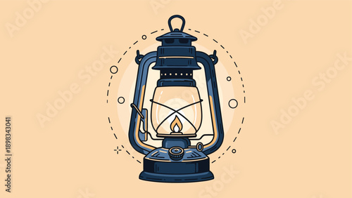 Detailed illustration of a classic vintage oil lantern with a glowing flame inside, set against a warm circular background.