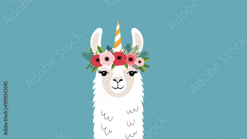 Enchanting llama with a unicorn horn and a beautiful flower crown on its head, set against a calm blue background.