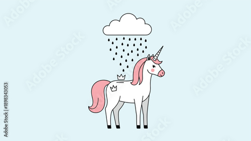 Simple illustration of a white unicorn standing patiently under a small dark rain cloud with raindrops falling on its back.