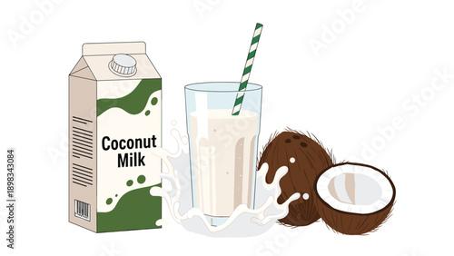 Healthy coconut milk presentation featuring a carton, a full glass with a striped straw, and open coconut halves with a splash.