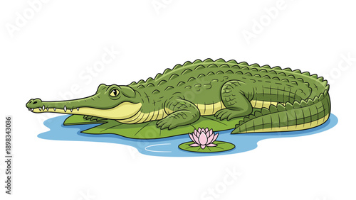 Detailed illustration of a large green crocodile resting on water lily pads in a pond with a pink lotus flower nearby.