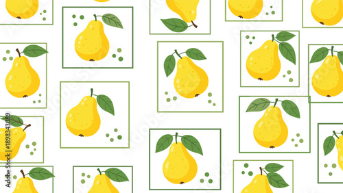 Stylish pattern of yellow pears within green square frames and scattered dots, perfect for kitchen decor or wallpaper.