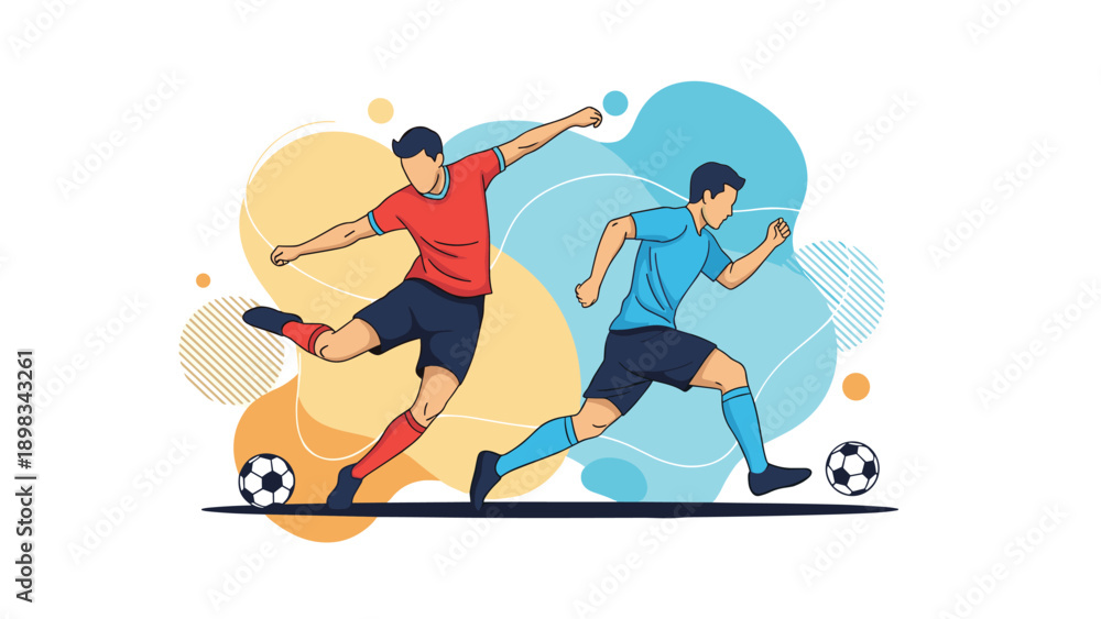 Obraz premium Stylized illustration of two soccer players competing for the ball with abstract colorful shapes in the background.