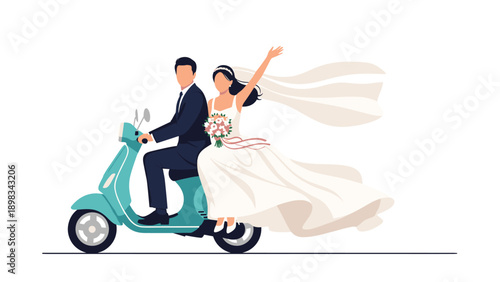 Newly married couple riding a vintage light blue scooter with the bride's wedding dress and veil blowing in the wind.