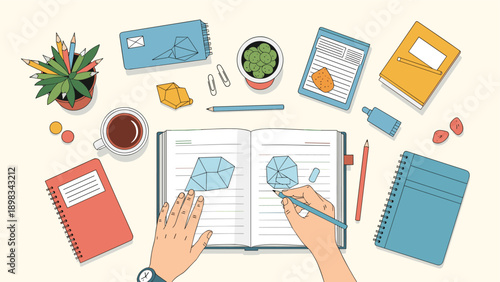 Overhead view of a creative workspace with a sketchbook, colored pencils, coffee, and various office supplies on a desk.