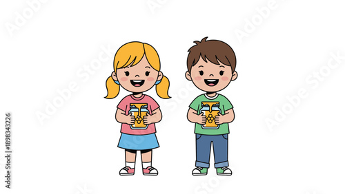 Two happy young children holding glass jars of golden honey with wooden dippers inside on a clean white background.