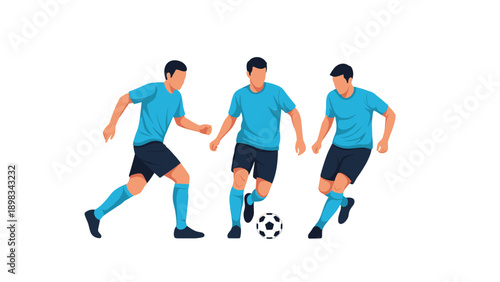 Group of three male soccer players in blue and black athletic uniforms dribbling a ball during a professional game.