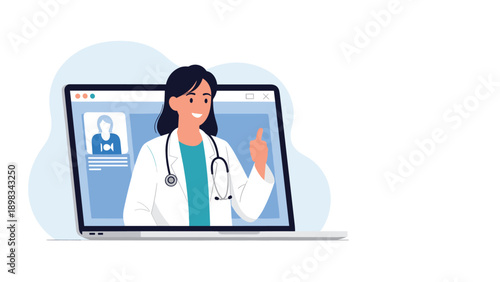 Female doctor appearing on a laptop screen giving a thumbs up during an online medical consultation or telemedicine.