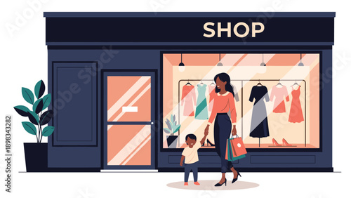 African American woman and her young son walking out of a clothing store with shopping bags after a successful trip.
