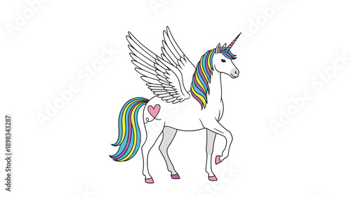 Beautiful white pegasus unicorn with a colorful rainbow mane and tail galloping gracefully against a white backdrop.