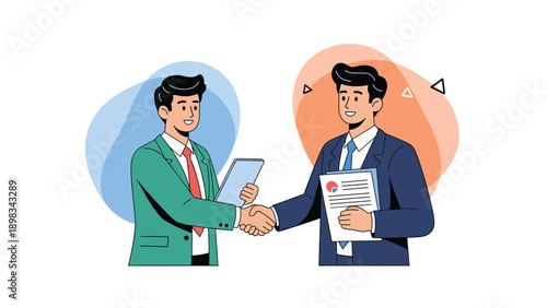 Two successful businessmen in professional suits shaking hands after reaching an agreement or closing a major deal.