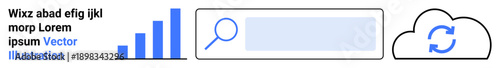 Data analytics, cloud computing, search engine optimization, digital transformation, information systems, online tools. Bar graph, magnifying glass and cloud sync icon. Data analytics and cloud