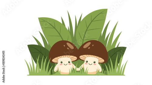Two cute little mushroom characters holding hands with happy smiles while sitting among green grass and large leaves.