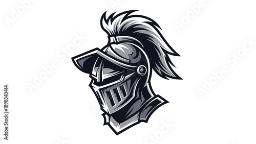 Detailed mascot illustration of a classic medieval knight helmet with a large plume and protective face visor.