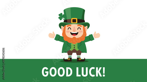 Cheerful leprechaun character with a red beard and green hat wishing everyone Good Luck on a festive green field.