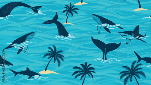 Oceanic seamless pattern featuring silhouettes of whales, sharks, and palm tree islands in a deep blue wavy sea.