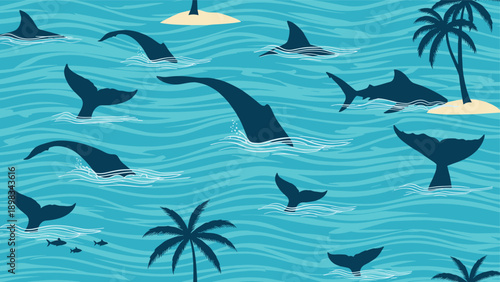 Seamless oceanic pattern showing dark silhouettes of whale and shark tails and fins splashing in turquoise wavy water.