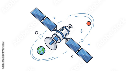 Modern communication satellite with solar panels orbiting the Earth and a distant moon in the vast expanse of space.