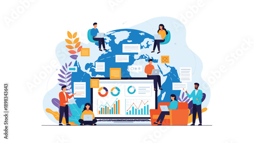 Diverse team of professionals working around a large laptop and a globe to collaborate on a global business project.