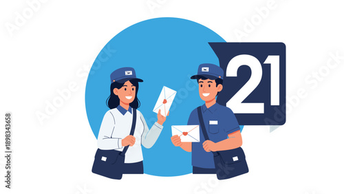 Male and female postal delivery workers in blue uniforms hold envelopes while standing against a blue circular background.