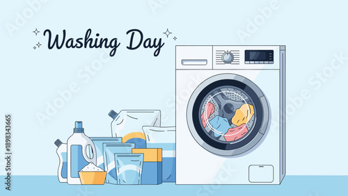 Modern white front-load washing machine surrounded by various laundry detergent bottles and boxes on washing day.