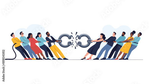 Two diverse teams of people participate in a tug of war game where a large metal chain breaks apart under the extreme tension.