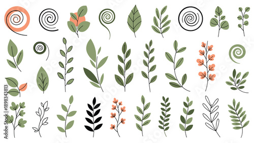 Extensive collection of hand-drawn green leaves and delicate orange flowers offers various botanical elements for design projects.