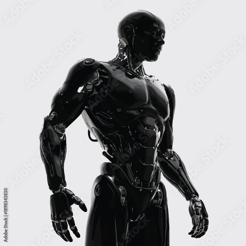 Futuristic cyborg warrior in sleek black armor with exposed mechanical components