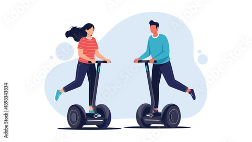 Man and woman in casual clothes ride electric self-balancing scooters against a soft blue abstract background with circles.