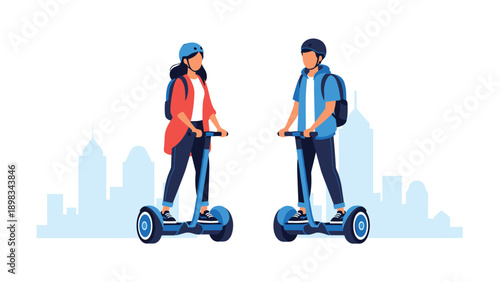 Young man and woman wearing safety helmets and backpacks ride blue electric scooters past a gray city skyline silhouette.