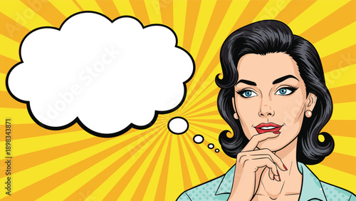 Beautiful woman in a classic pop art style looks thoughtful while standing next to a blank white cloud speech bubble.