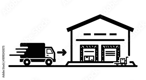 Delivery truck approaching warehouse door.