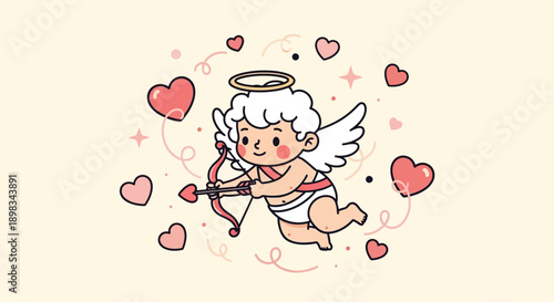 Fotografie Adorable Valentine Cupid Character with Wings and Love Symbols Illustration