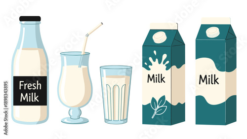 Variety of dairy products including a glass bottle, tall glasses with milk, and cardboard cartons are shown on a white surface.