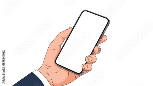 Detailed male hand holds a modern black smartphone with a blank white screen isolated against a clean white background.