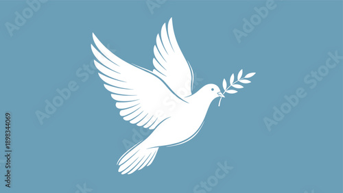 Graceful white dove flies against a soft blue background while carrying a green olive branch as a universal symbol of peace.